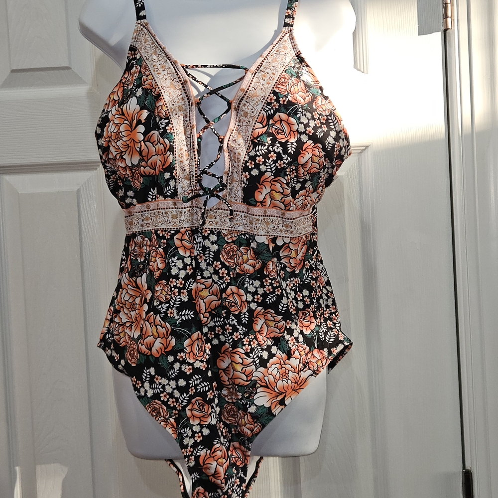 Floral Lace-Up One Piece Swimsuit